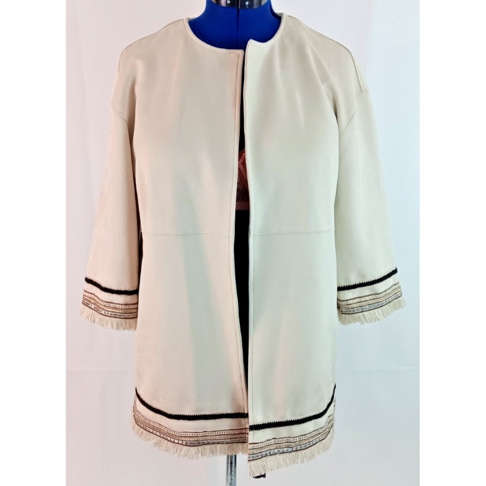 Zara women's‎ Open front fringe lightweight Beige Jacket Medium